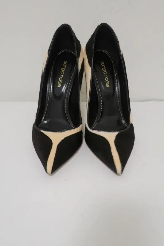 Sergio Rossi Pumps Black/Cream Giraffe Print Pony Hair Size 36 Pointed Toe Heel