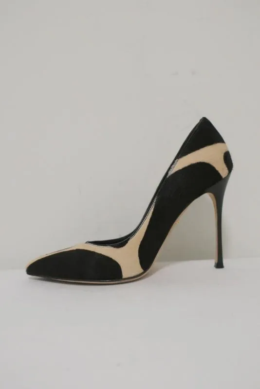 Sergio Rossi Pumps Black/Cream Giraffe Print Pony Hair Size 36 Pointed Toe Heel
