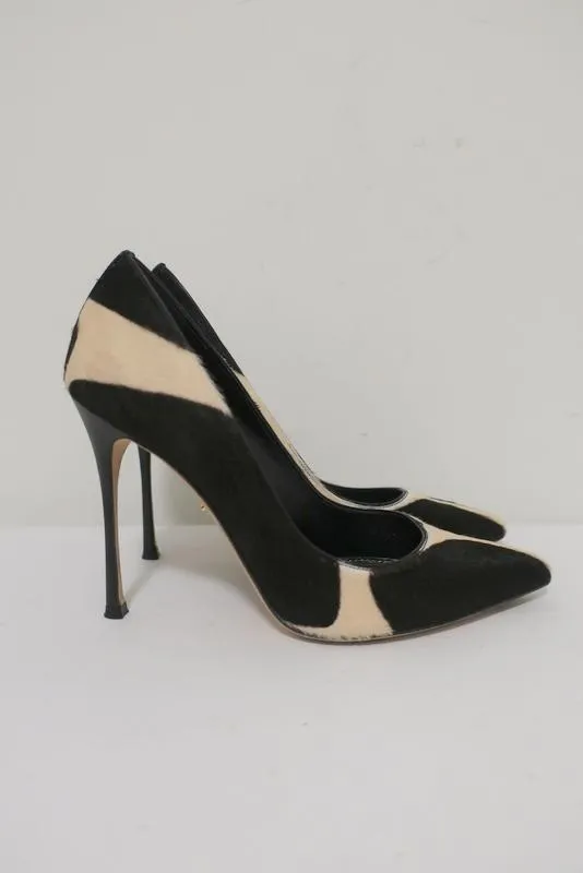 Sergio Rossi Pumps Black/Cream Giraffe Print Pony Hair Size 36 Pointed Toe Heel