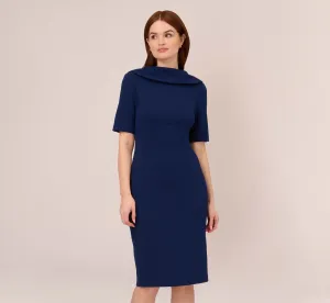 Short Sleeve Crepe Dress With Rolled Neck In Navy Sateen