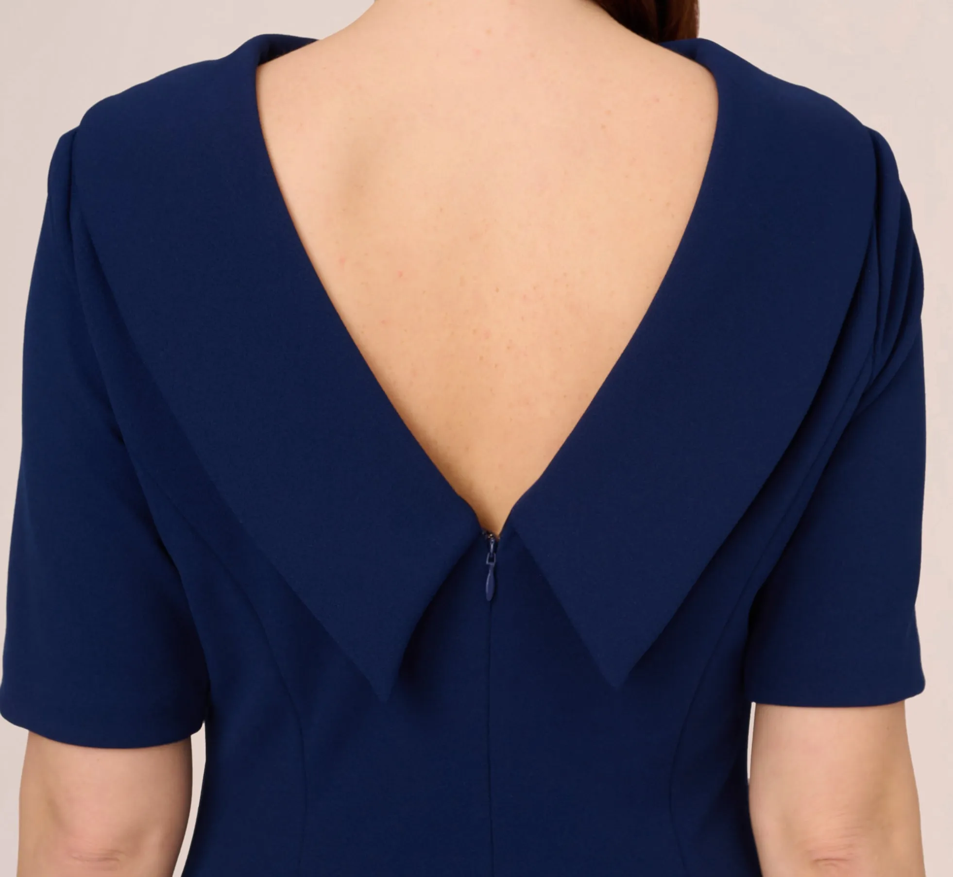 Short Sleeve Crepe Dress With Rolled Neck In Navy Sateen