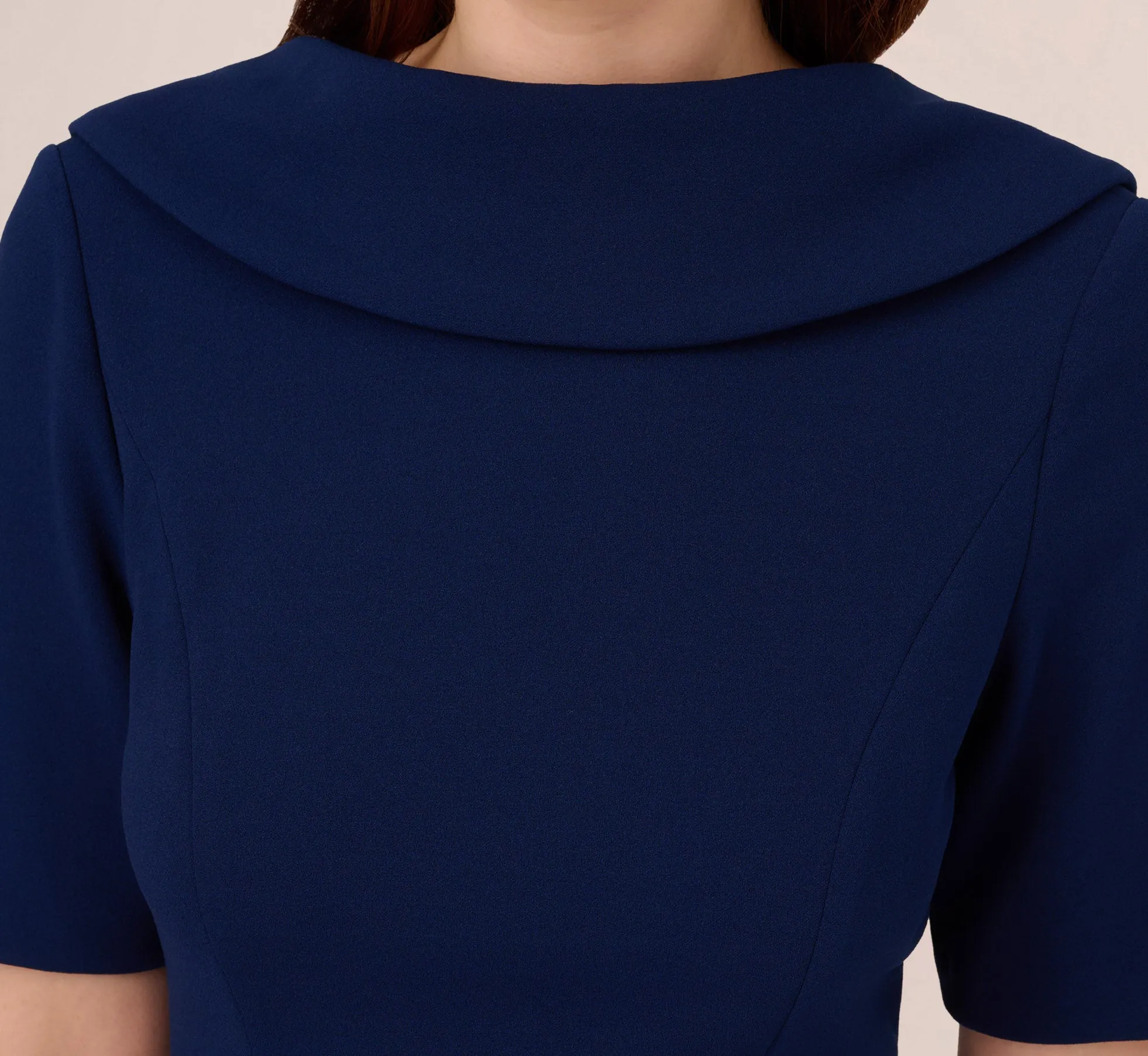 Short Sleeve Crepe Dress With Rolled Neck In Navy Sateen