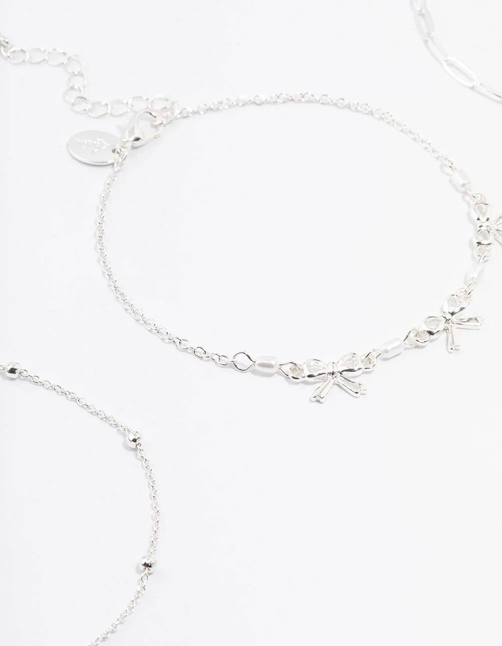 Silver Bow & Chain Mixed Anklets 3-Pack