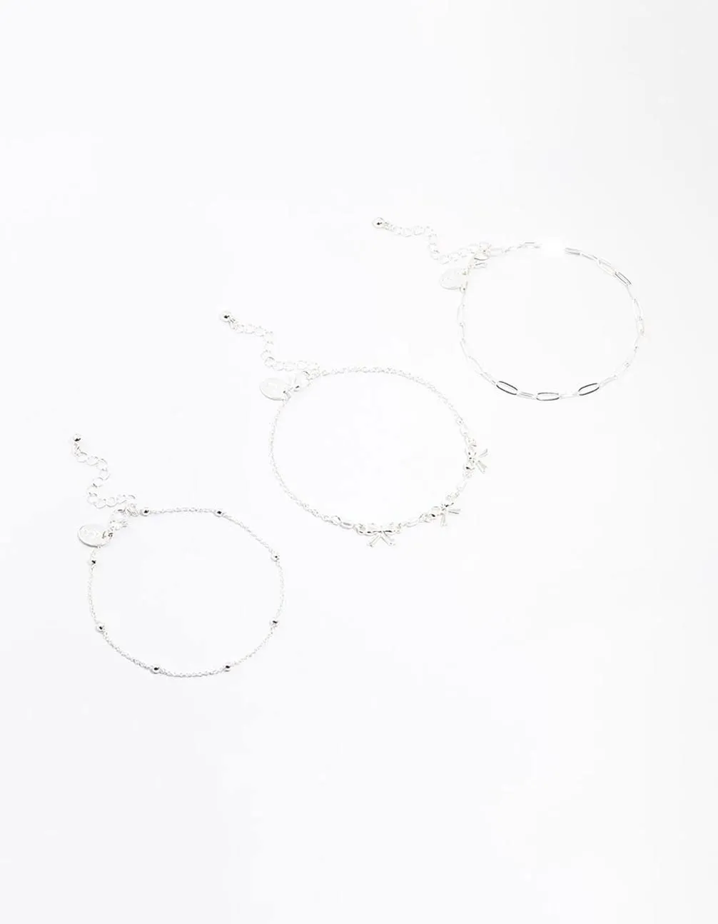 Silver Bow & Chain Mixed Anklets 3-Pack