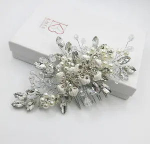 Silver Rhinestone Hair Comb for Bride, Crystal Leaf Wedding Hairpiece, Bridal Metal Flower Headpiece