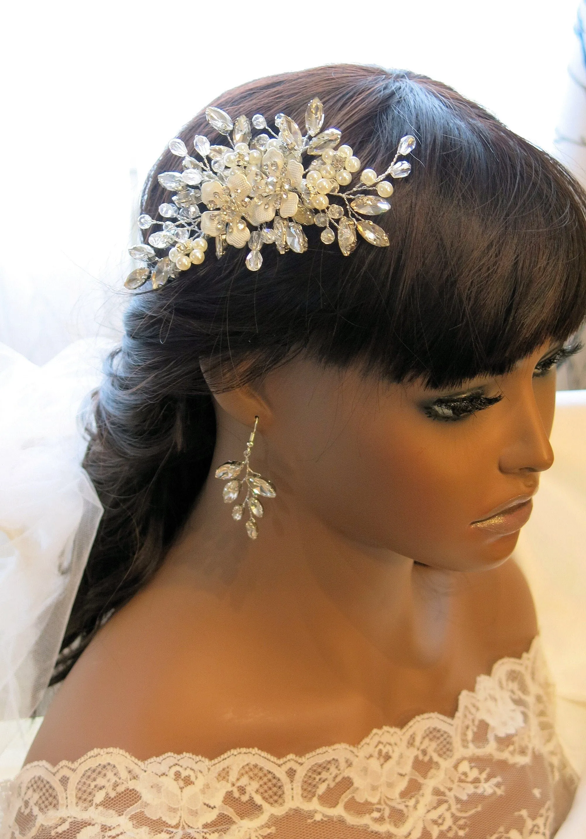 Silver Rhinestone Hair Comb for Bride, Crystal Leaf Wedding Hairpiece, Bridal Metal Flower Headpiece