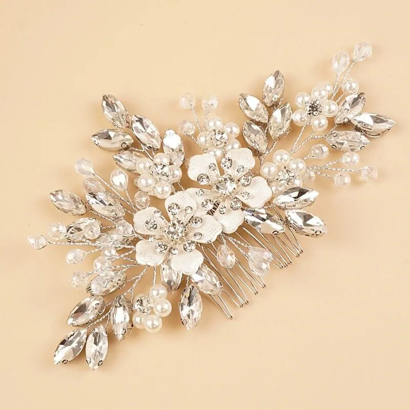 Silver Rhinestone Hair Comb for Bride, Crystal Leaf Wedding Hairpiece, Bridal Metal Flower Headpiece