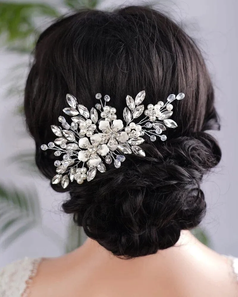 Silver Rhinestone Hair Comb for Bride, Crystal Leaf Wedding Hairpiece, Bridal Metal Flower Headpiece