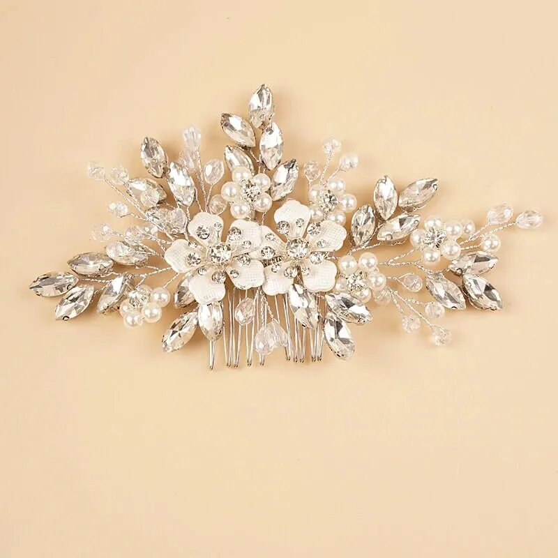 Silver Rhinestone Hair Comb for Bride, Crystal Leaf Wedding Hairpiece, Bridal Metal Flower Headpiece