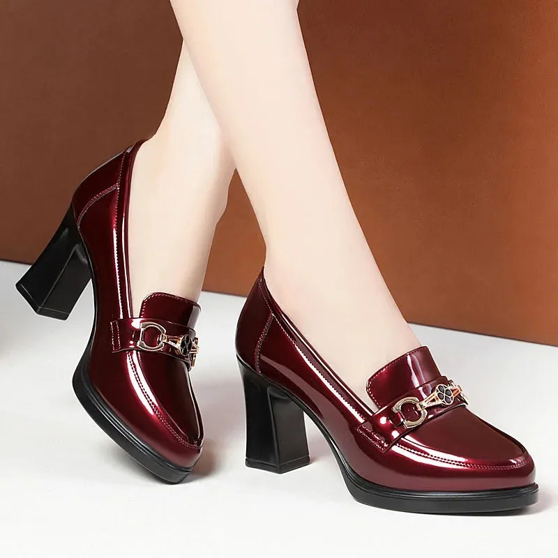 Spring New High Heels Dress Shoes Pointed Toe Woman Pumps Black Medium Heel Patent Slip on Square Heel Leather Shoes