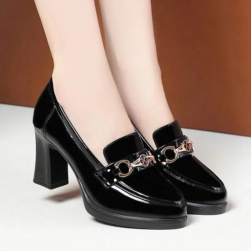 Spring New High Heels Dress Shoes Pointed Toe Woman Pumps Black Medium Heel Patent Slip on Square Heel Leather Shoes