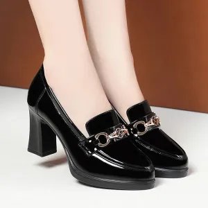 Spring New High Heels Dress Shoes Pointed Toe Woman Pumps Black Medium Heel Patent Slip on Square Heel Leather Shoes