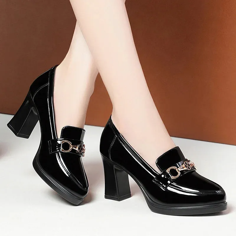 Spring New High Heels Dress Shoes Pointed Toe Woman Pumps Black Medium Heel Patent Slip on Square Heel Leather Shoes