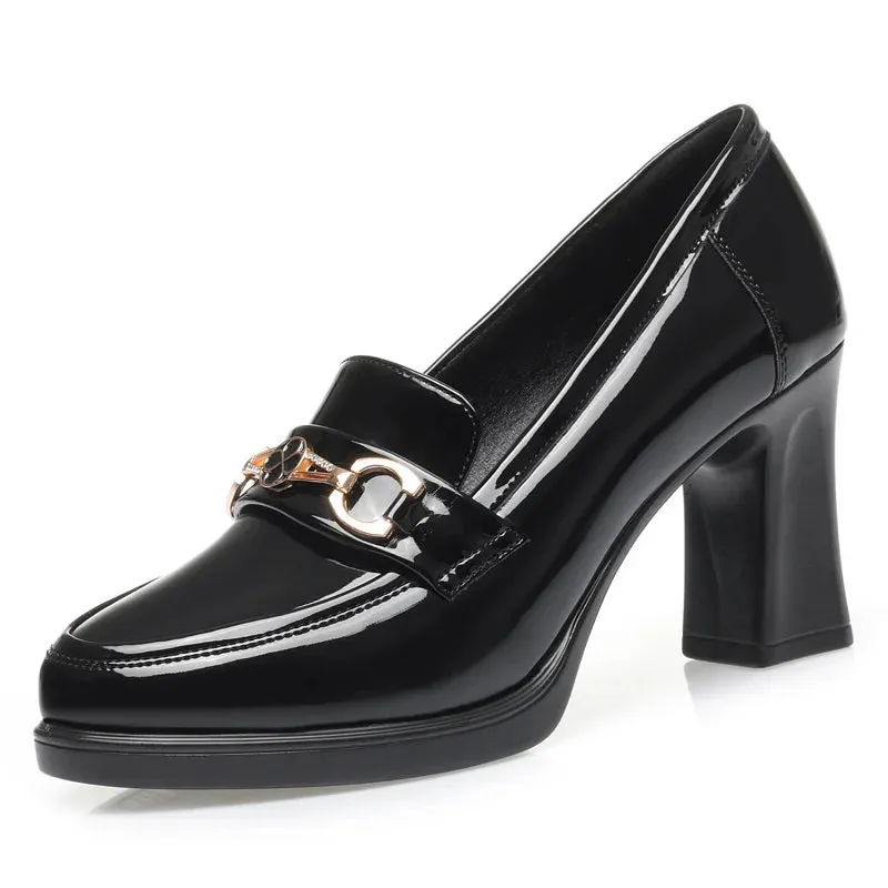 Spring New High Heels Dress Shoes Pointed Toe Woman Pumps Black Medium Heel Patent Slip on Square Heel Leather Shoes