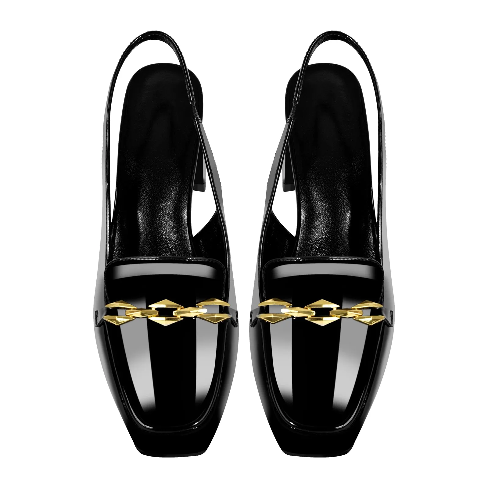 Square Toe Metal Chain Chunky Heel Slingback Pumps