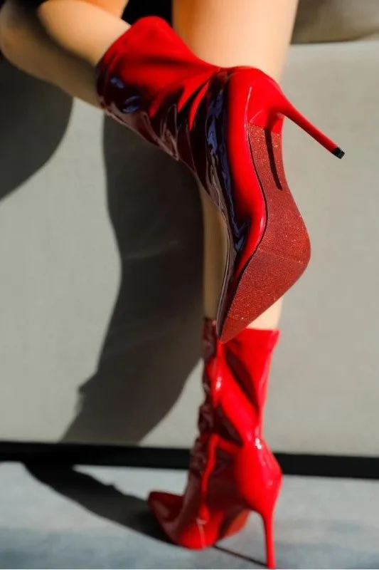 Tall Heel Patent Bootie with Pointed Toe