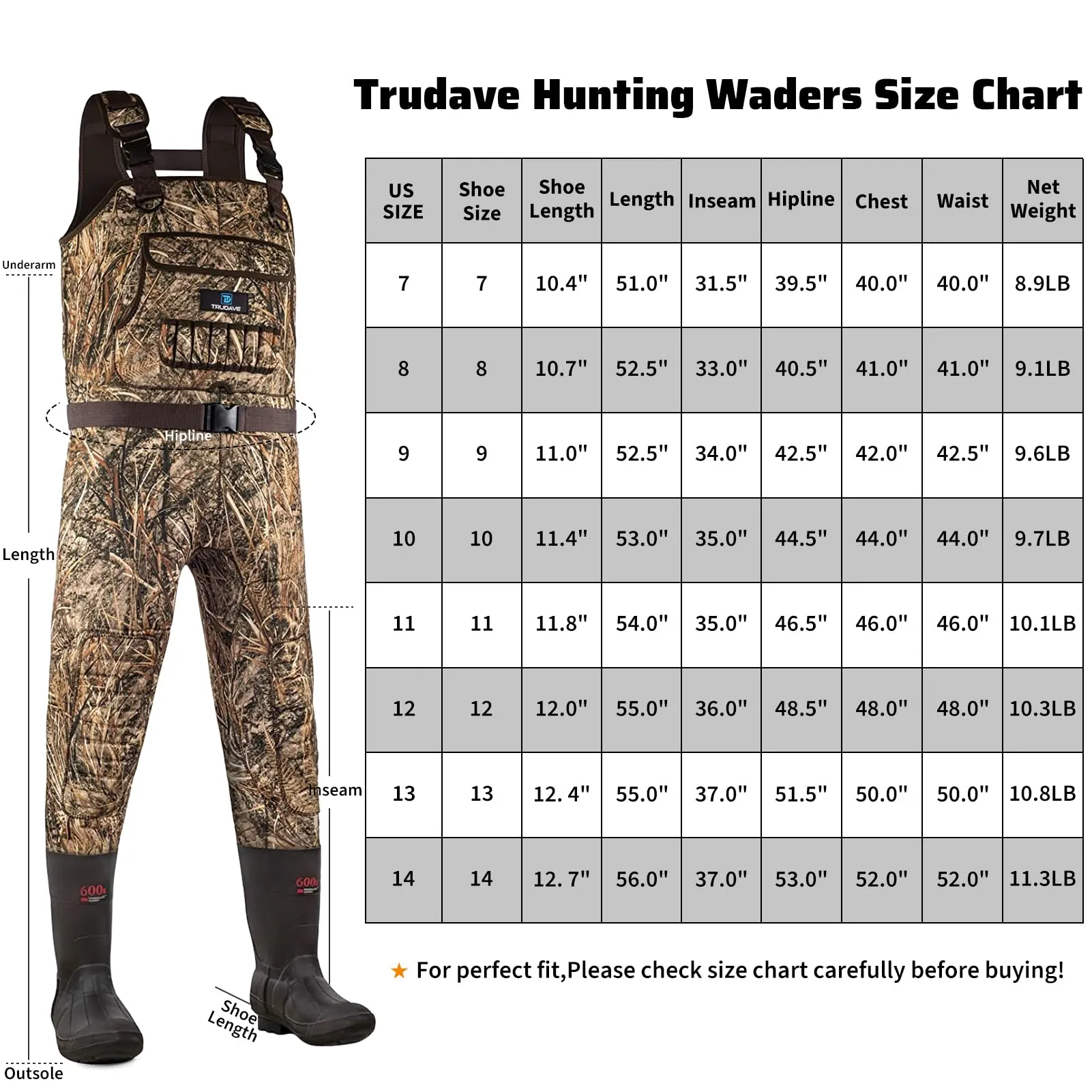 Trudave Reel Reed Chest Waders, Neoprene Fishing Waders with Boots Hanger & 600G Insulated, Waterproof Camo Duck Hunting Waders