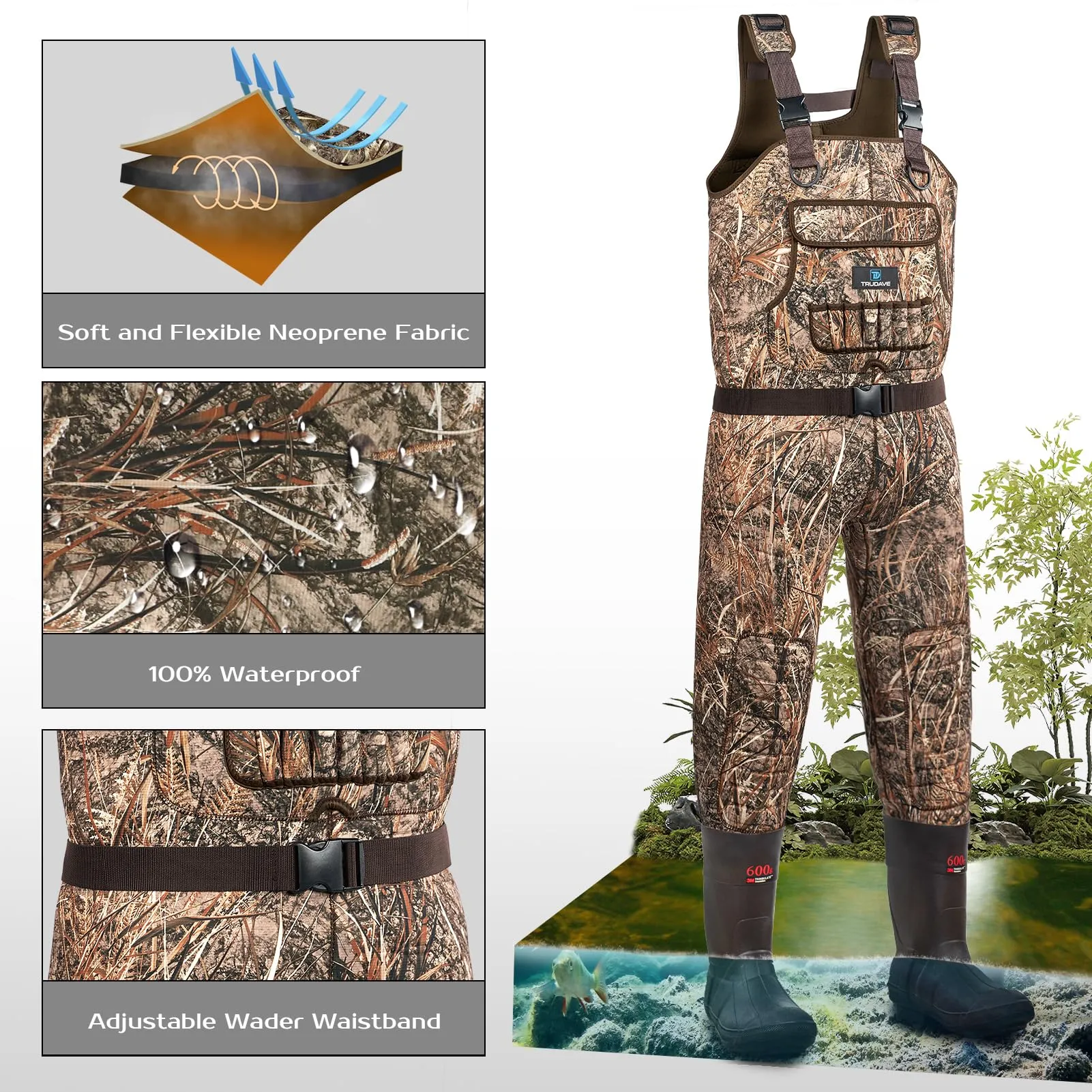Trudave Reel Reed Chest Waders, Neoprene Fishing Waders with Boots Hanger & 600G Insulated, Waterproof Camo Duck Hunting Waders