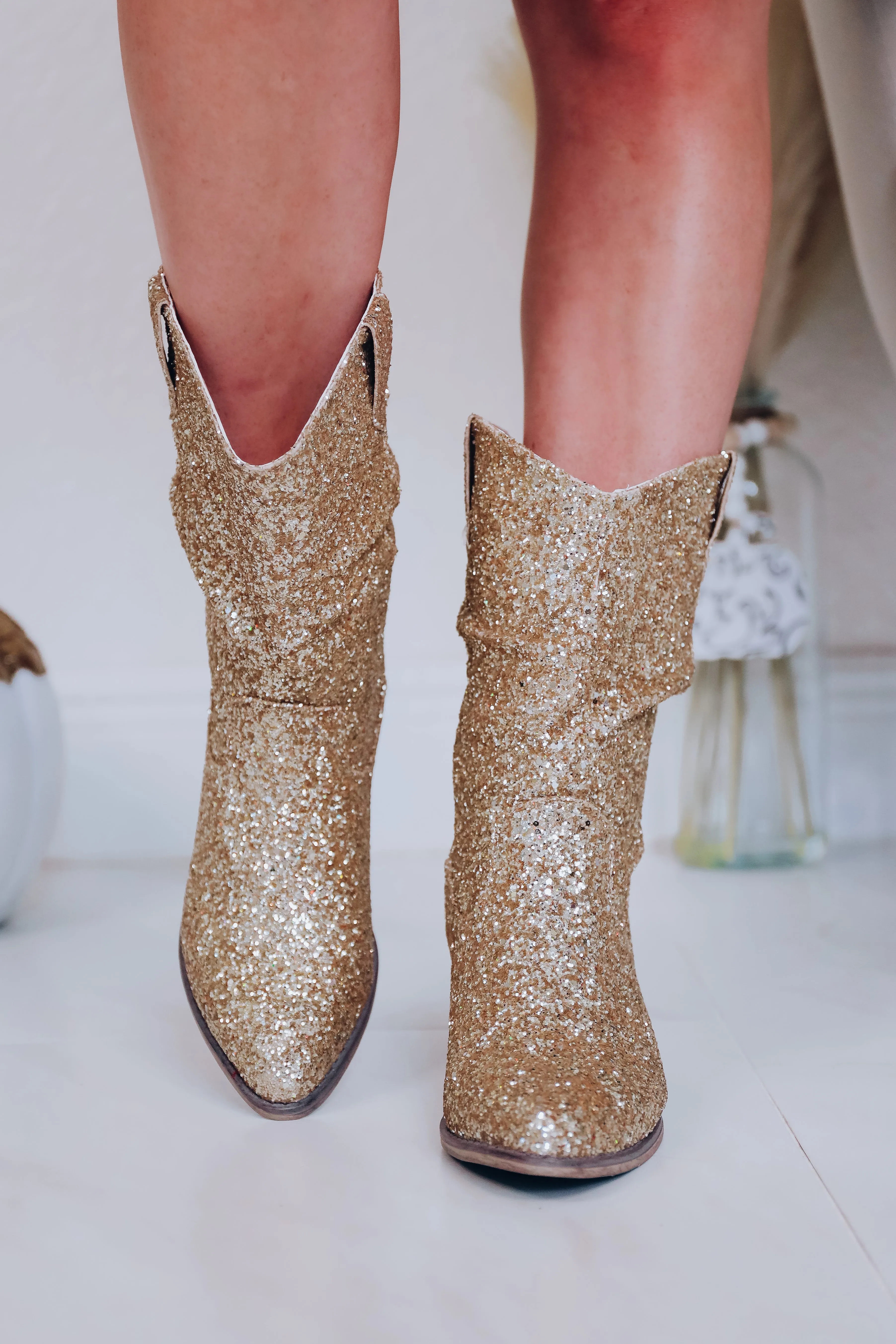 Two Steppin’ Glitter Ruched Boot - Gold