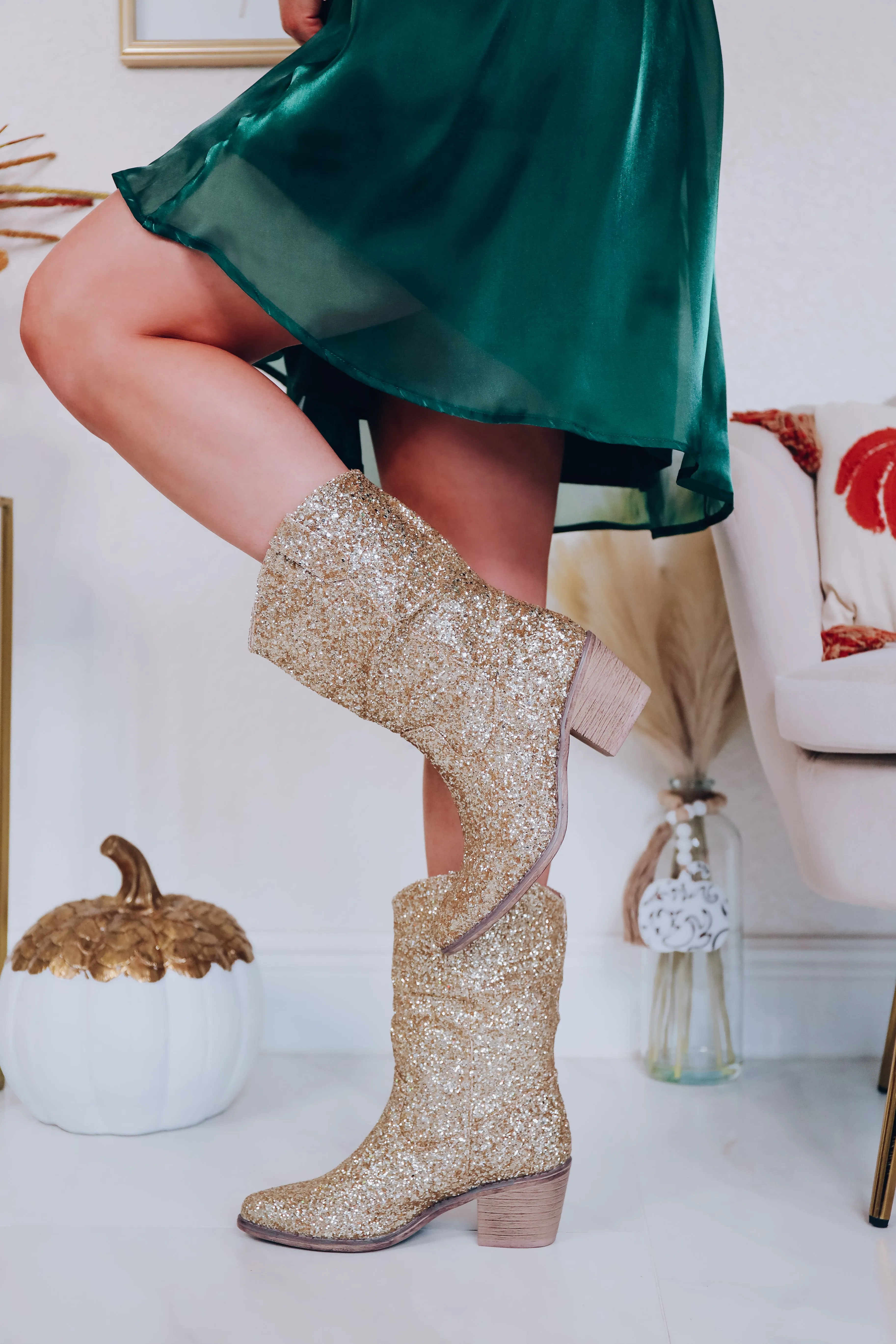 Two Steppin’ Glitter Ruched Boot - Gold