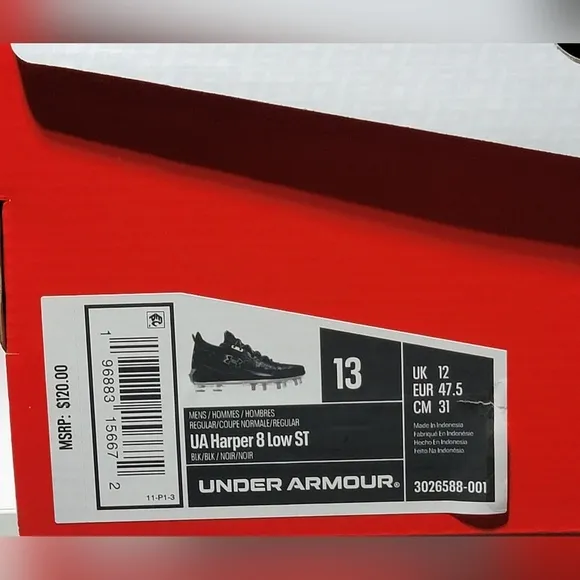 Under Armour UA Harper 8 Low ST Metal Baseball Cleats 3026588-001 Men Sz 13 New