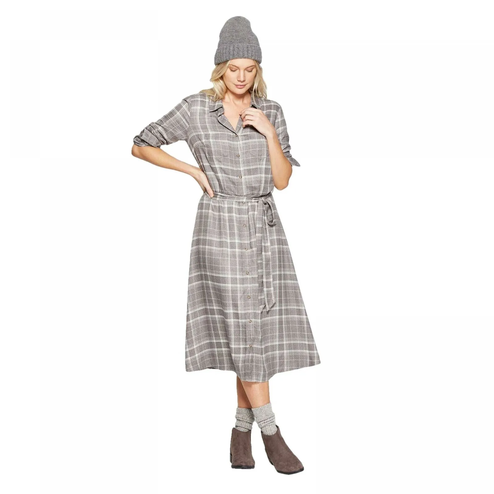 Universal Thread Women's Plaid Long Sleeve Midi Shirtdress with Tie Belt