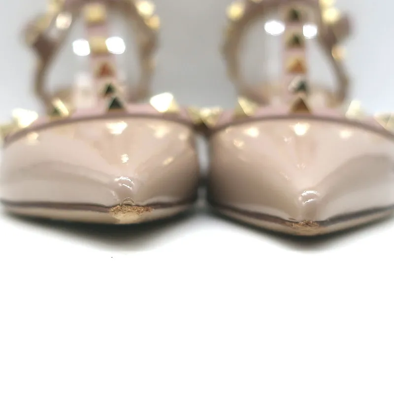 Valentino Rockstud Caged Pumps Poudre Patent Leather Size 36.5 Pointed Toe Heels