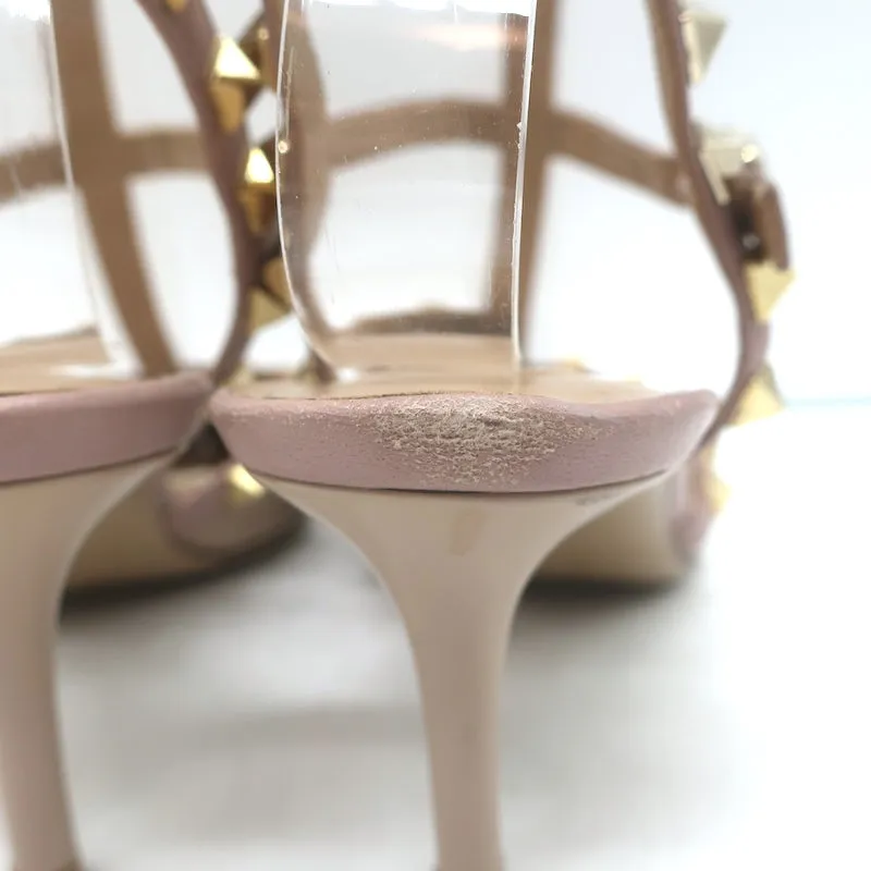 Valentino Rockstud Caged Pumps Poudre Patent Leather Size 36.5 Pointed Toe Heels