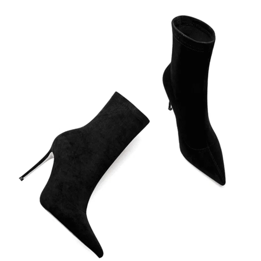 Vegan Suede Pointy Toe 4'' Stiletto Heel Sock Booties