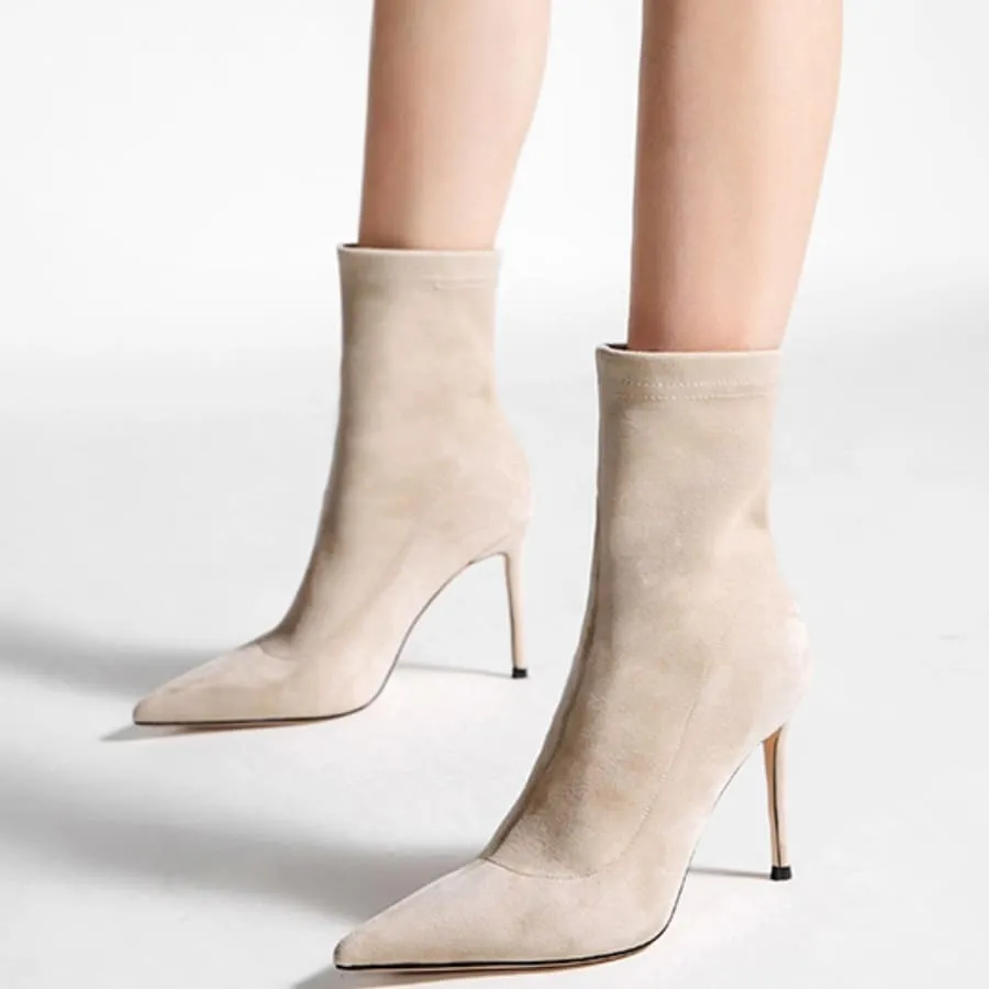 Vegan Suede Pointy Toe 4'' Stiletto Heel Sock Booties