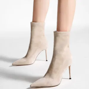 Vegan Suede Pointy Toe 4'' Stiletto Heel Sock Booties