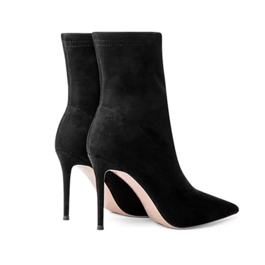 Vegan Suede Pointy Toe 4'' Stiletto Heel Sock Booties