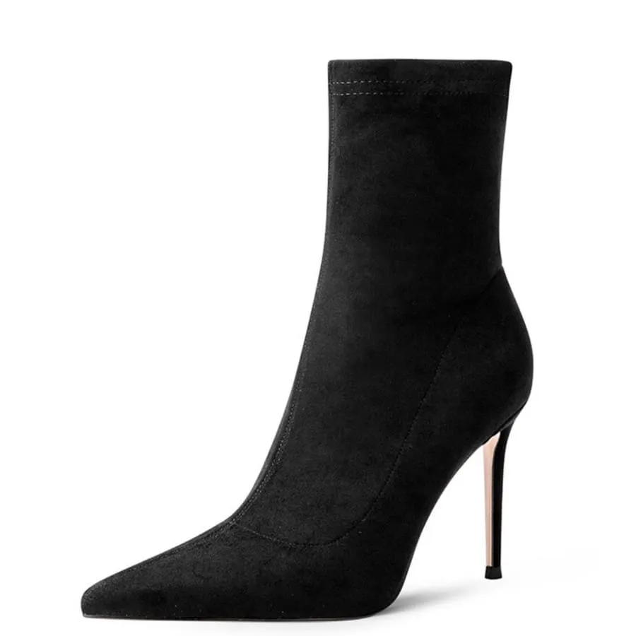 Vegan Suede Pointy Toe 4'' Stiletto Heel Sock Booties
