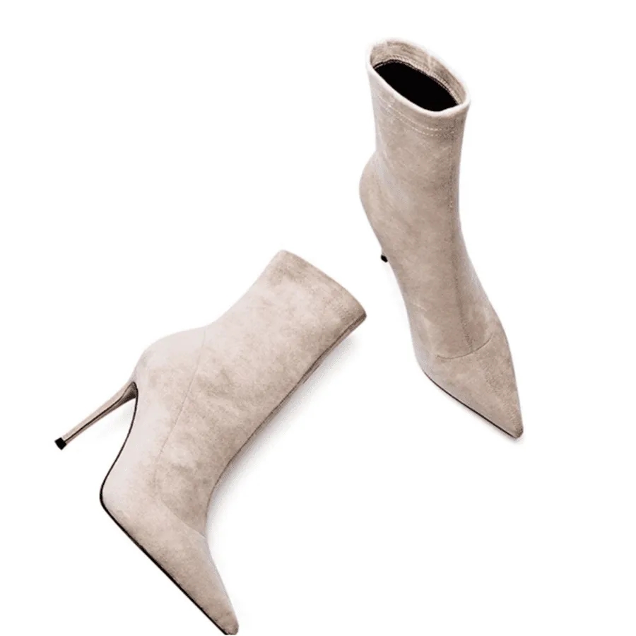 Vegan Suede Pointy Toe 4'' Stiletto Heel Sock Booties