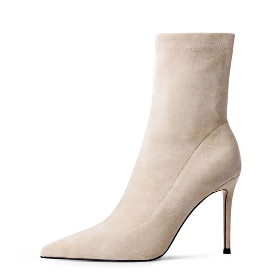 Vegan Suede Pointy Toe 4'' Stiletto Heel Sock Booties