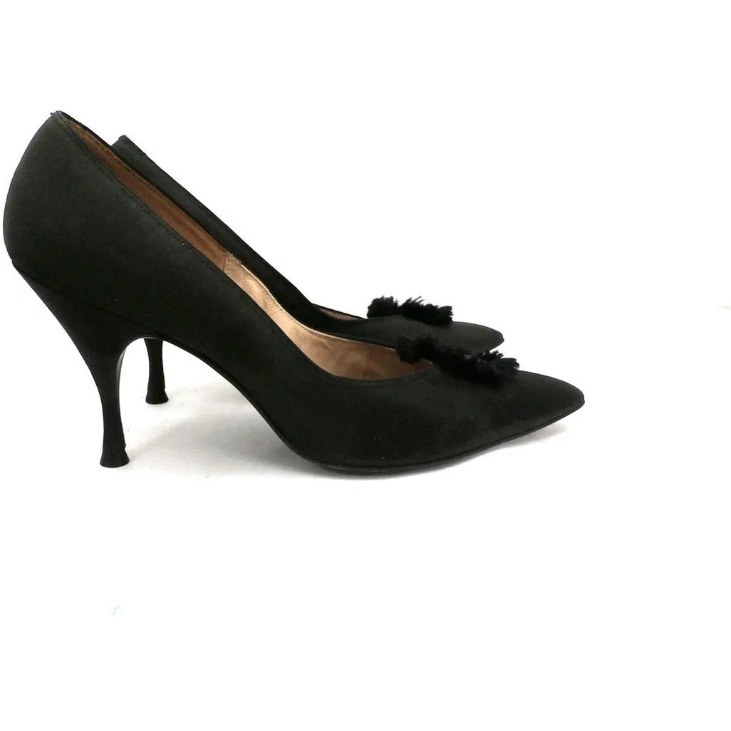 Vintage Black Peau De Soie SIlk  Pumps 3.5 " Stiletto Heels 1950S Womens Sz 7