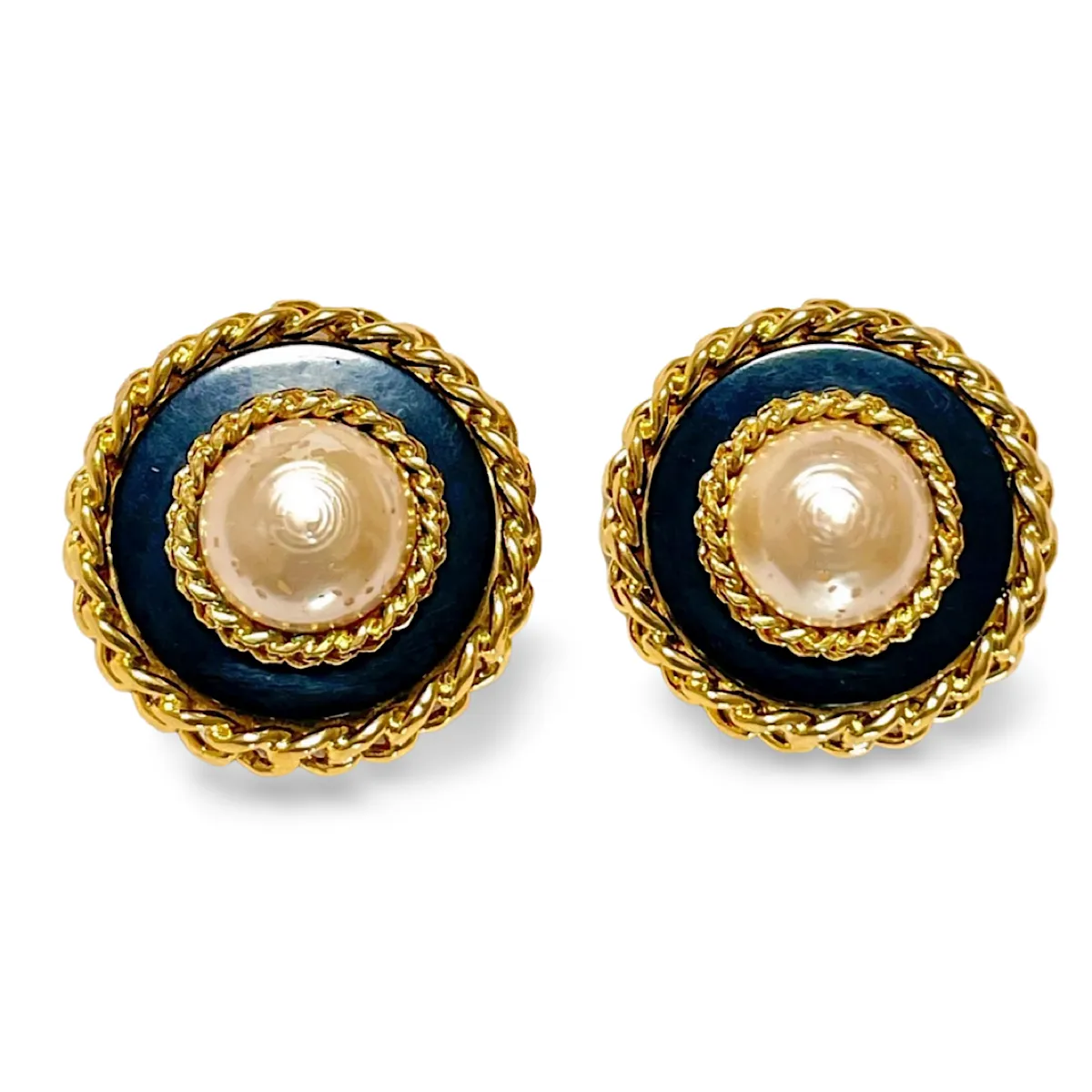 Vintage CHANEL large earrings with golden chain frames and black and faux pearl. Classic mademoiselle Chanel jewelry. 070218ys12