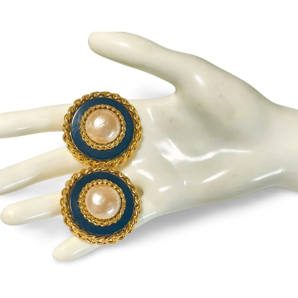 Vintage CHANEL large earrings with golden chain frames and black and faux pearl. Classic mademoiselle Chanel jewelry. 070218ys12