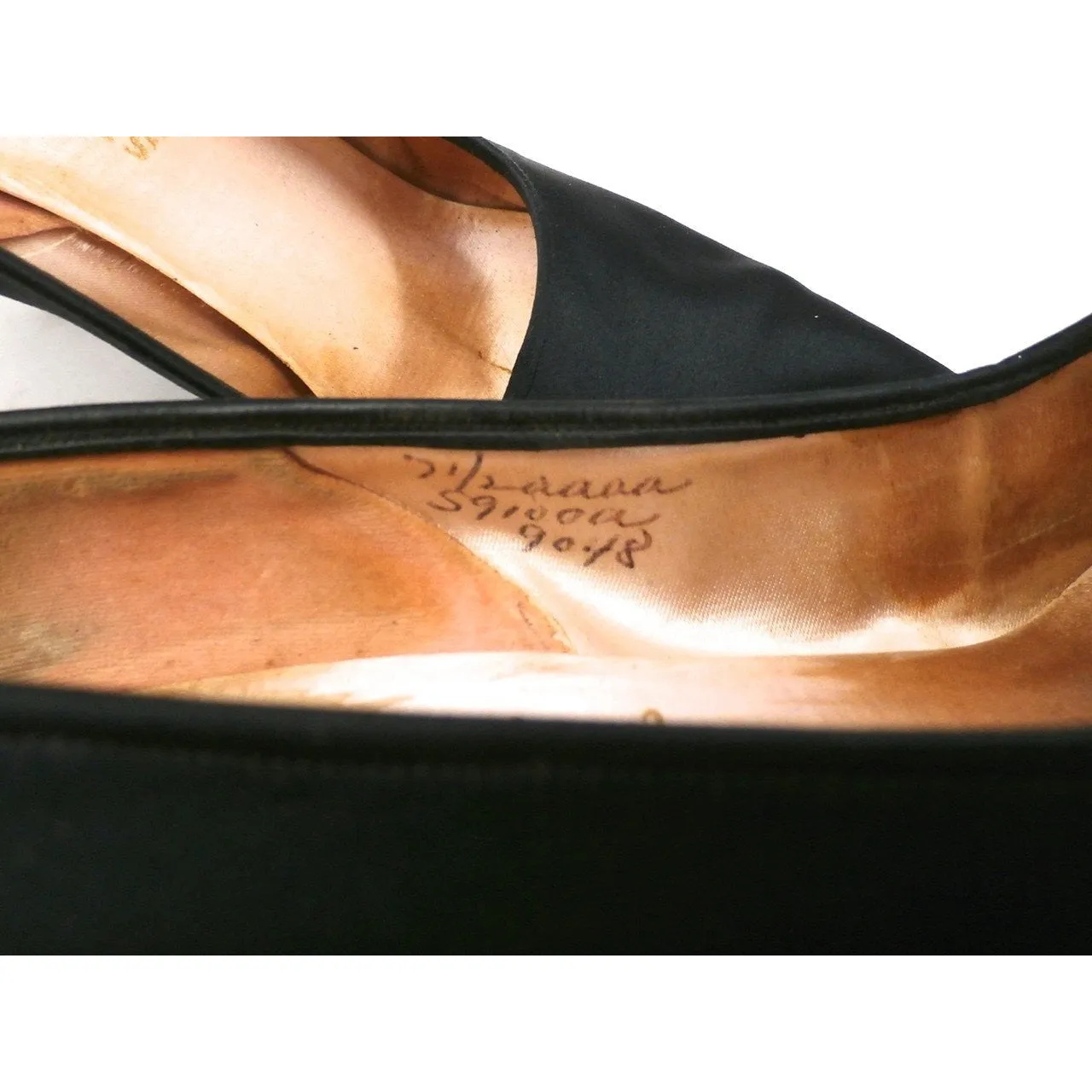 Vintage Ladies Shoes Black Silk Satin Evening Pumps Stiletto Heels -1950S 7.5