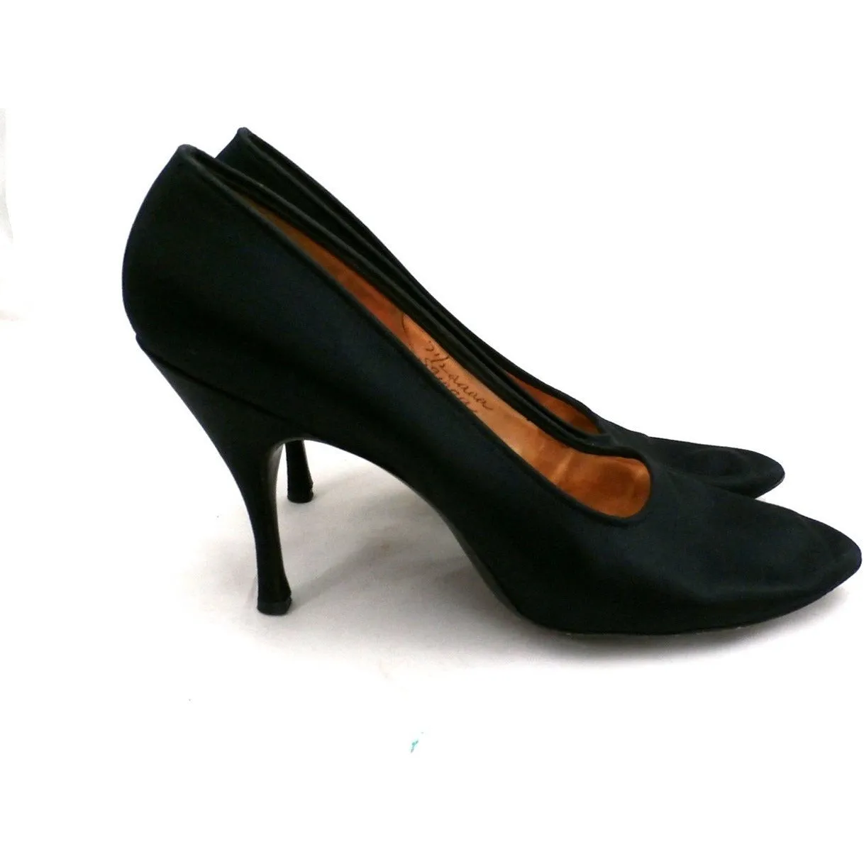 Vintage Ladies Shoes Black Silk Satin Evening Pumps Stiletto Heels -1950S 7.5