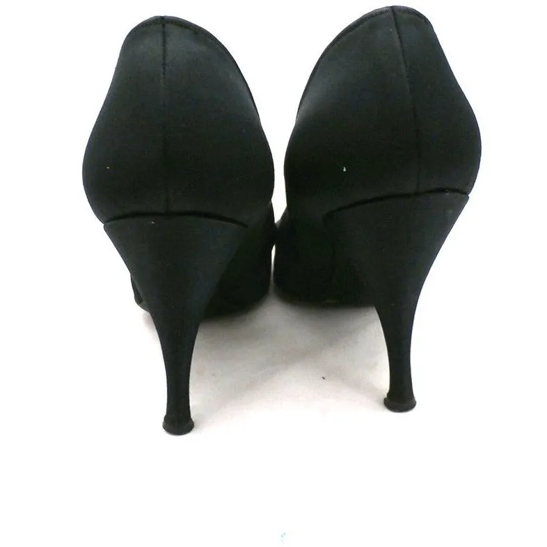 Vintage Ladies Shoes Black Silk Satin Evening Pumps Stiletto Heels -1950S 7.5