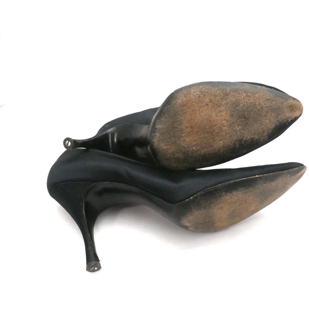 Vintage Ladies Shoes Black Silk Satin Evening Pumps Stiletto Heels -1950S 7.5