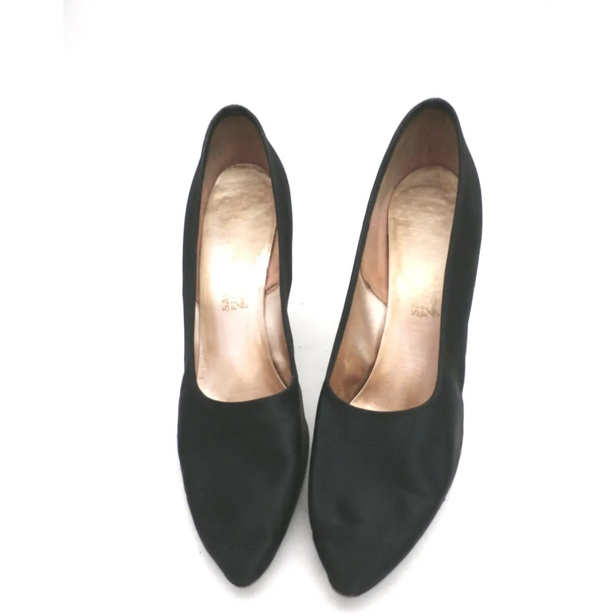 Vintage Ladies Shoes Black Silk Satin Evening Pumps Stiletto Heels -1950S 7.5
