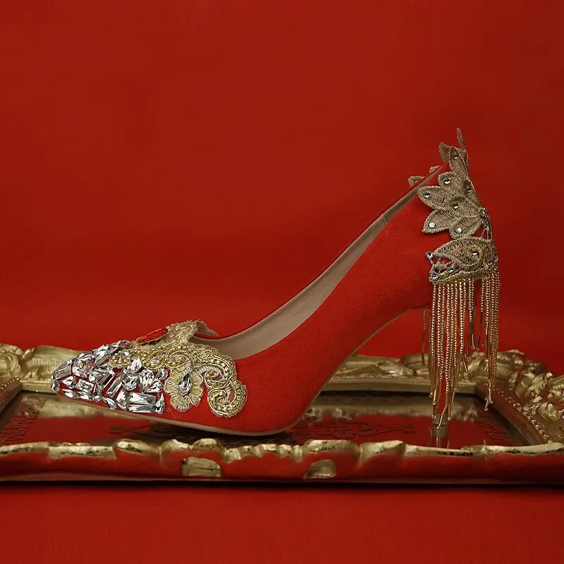 Wedding Shoes Red Color Chinese National Palace Bride Pumps