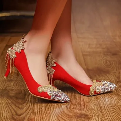 Wedding Shoes Red Color Chinese National Palace Bride Pumps