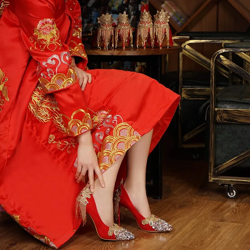 Wedding Shoes Red Color Chinese National Palace Bride Pumps