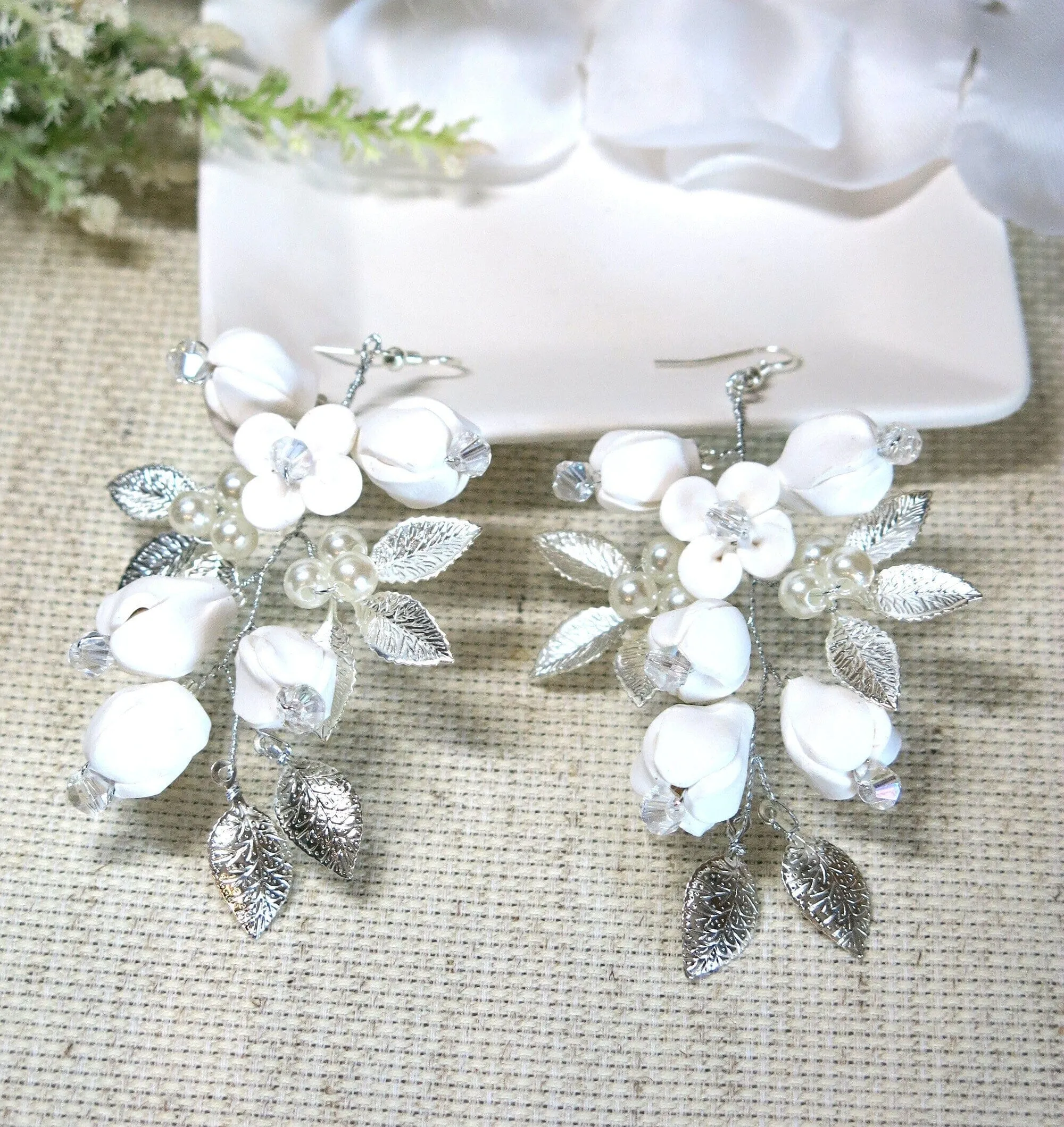 White Ceramic Flower Earrings, Bridal Crystal Silver Wire Earrings, Wedding Clay Floral Dangle Earrings