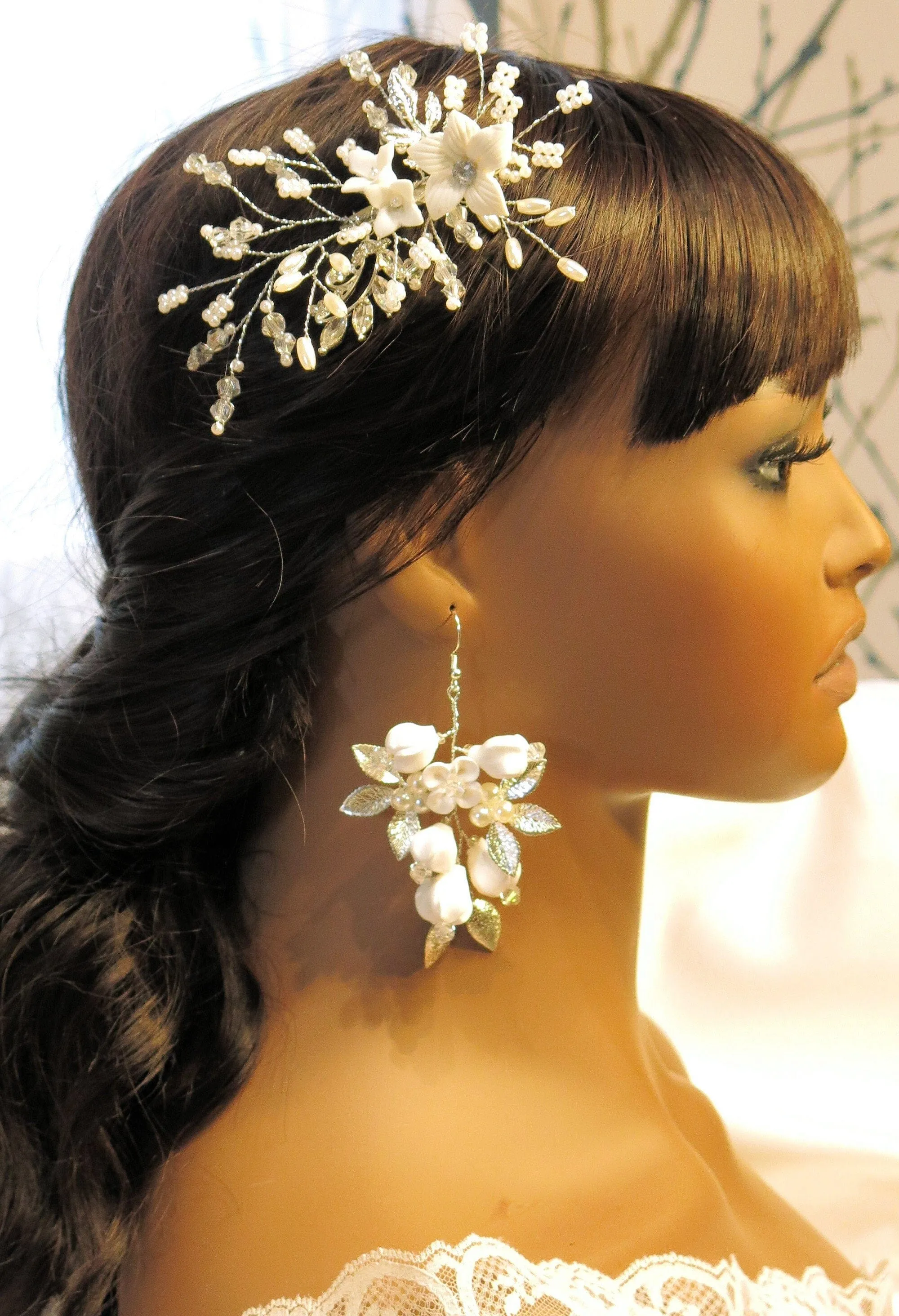 White Ceramic Flower Earrings, Bridal Crystal Silver Wire Earrings, Wedding Clay Floral Dangle Earrings