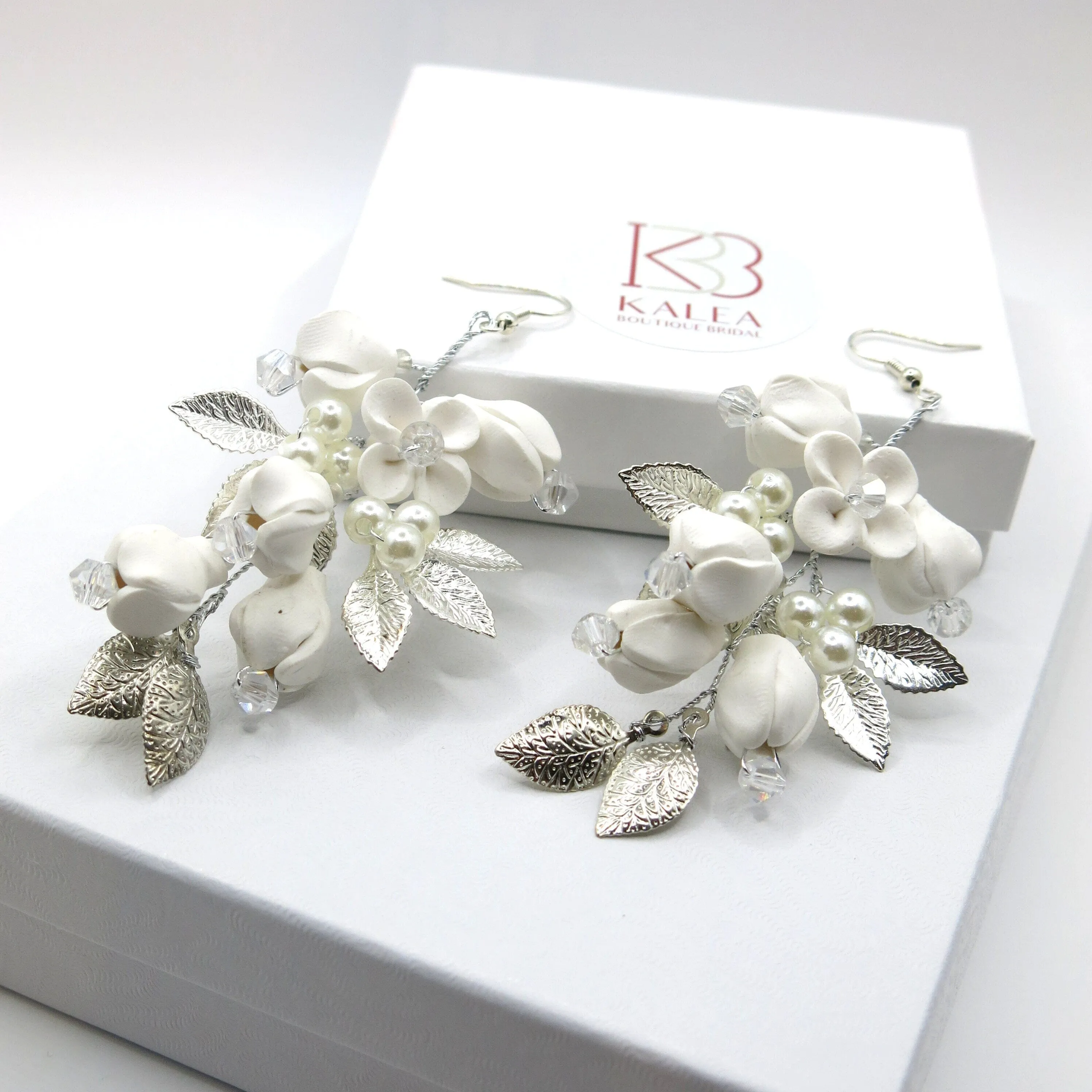 White Ceramic Flower Earrings, Bridal Crystal Silver Wire Earrings, Wedding Clay Floral Dangle Earrings