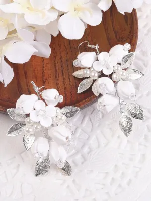 White Ceramic Flower Earrings, Bridal Crystal Silver Wire Earrings, Wedding Clay Floral Dangle Earrings
